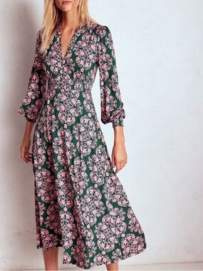 Boden Pink and Green Midi Dress with Pink Floral Print Size 10